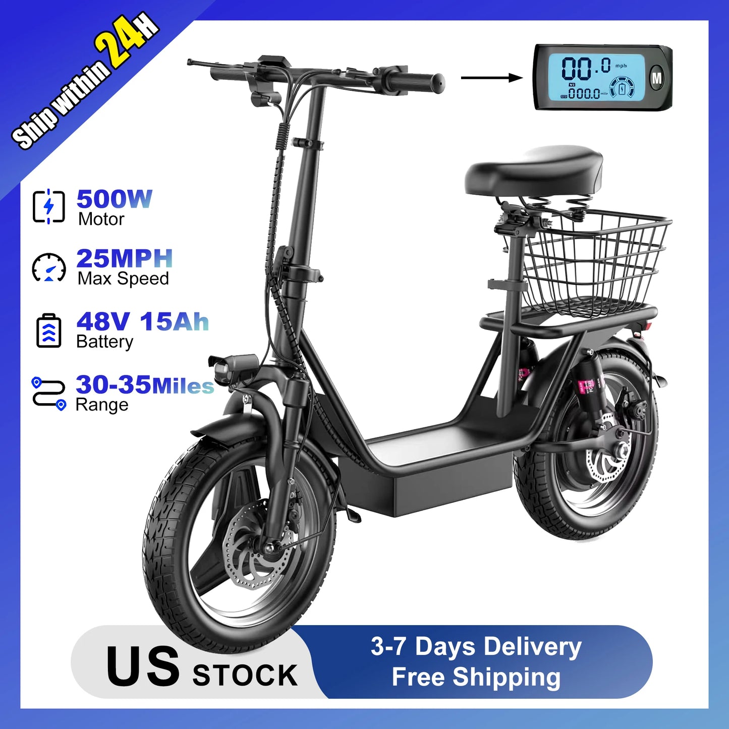 Electric Scooter For Adults 500W 48V With Seat And Basket