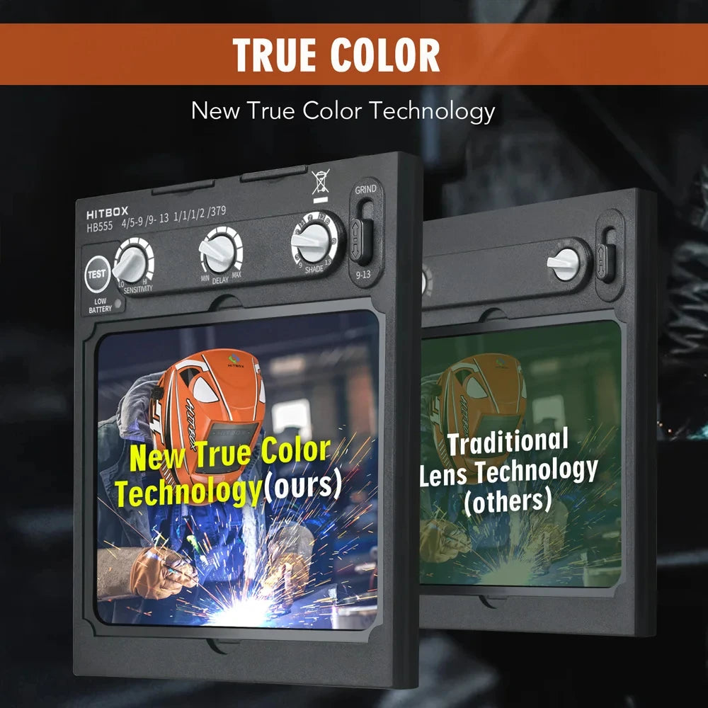 HITBOX HB555 Welding Helmet Auto Darkening 3.9x3.1 inch Large Viewing Welding Hood True Color Solar Battery Powered Welder Mask