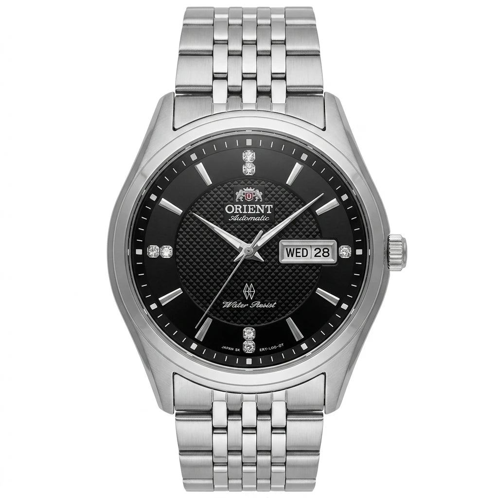 Orient Men's Business Automatic Mechanical Watch Dual Calendar Week Display Crystal Hour Markers Stainless Steel Band Wristwatch