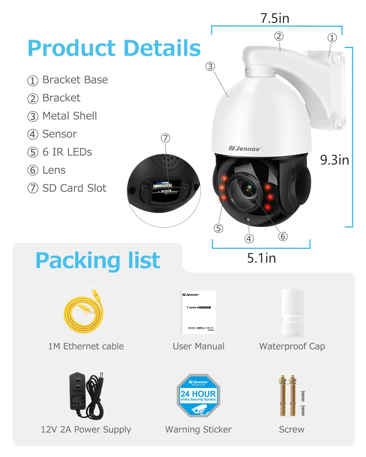 Jennov 4K 8MP Outdoor PTZ IP POE Camera with 20X Optical Zoom and Human Detection 320ft IR Night Vision Hikvision Onvif Compatible