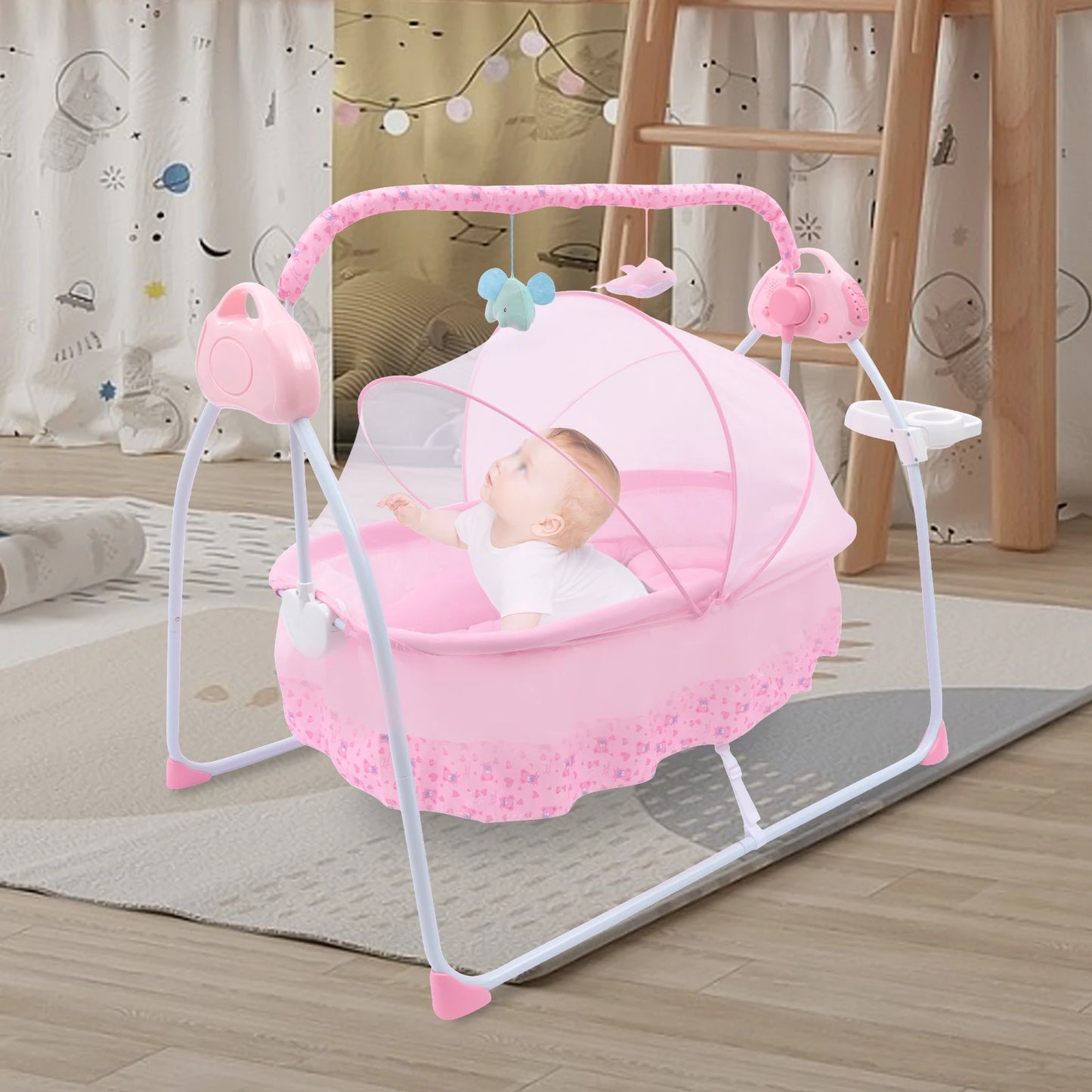 Baby Cradle Swing Remote Auto Swing Bed Cradle Portable Swing Stand Seat For 0 To 18 Months Baby Five Gears Adjustable Pink No Battery