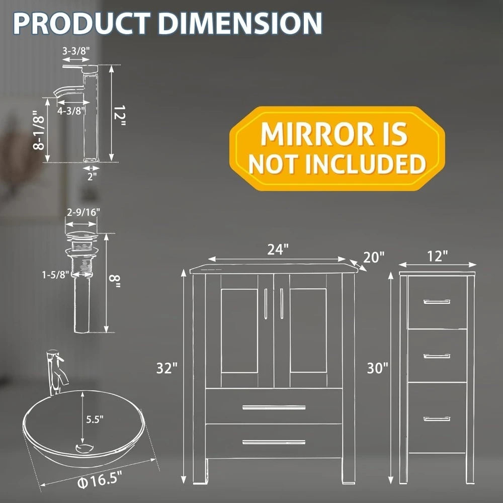 Modern Bathroom Vanity Sink Combo with Small Side Cabinets Clear Round Glass Vessel Sink Water Saving Faucet and Pop Up Drain