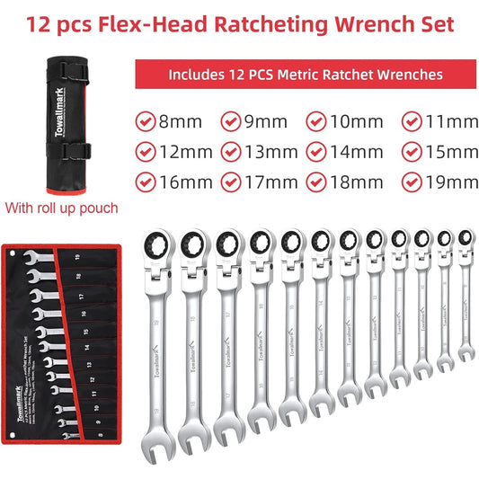 12 Piece Ratcheting Flex Head Wrench Set 8 To 19mm 72T Crv