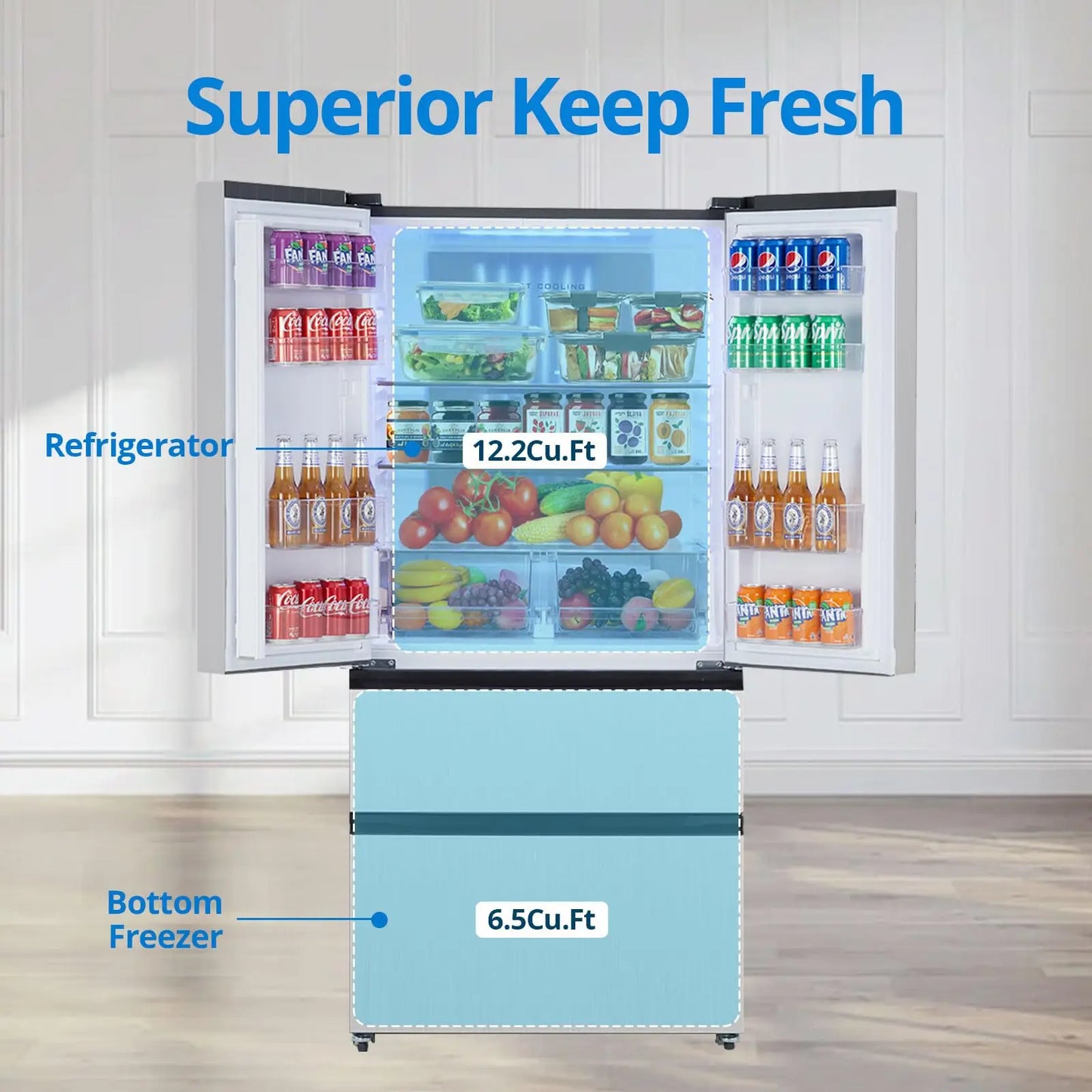 PioneerWorks French Door Refrigerator Large Capacity 18.8 Cubic Feet 4 Door Full Size Counter Depth Stainless Steel Auto Defrost