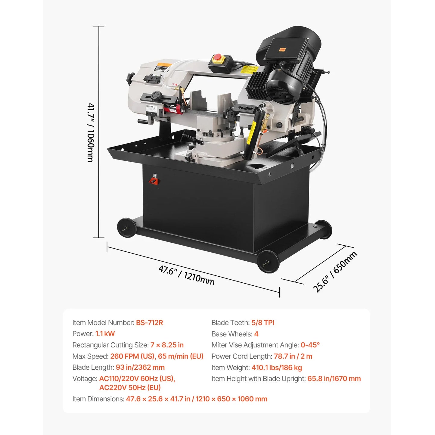 SucceBuy Metal Horizontal Band Saw 7 x 12 in / 7 x 8.25 in Rectangular Cutting Capacity Variable Speed, for Metal, Wood, Plastic