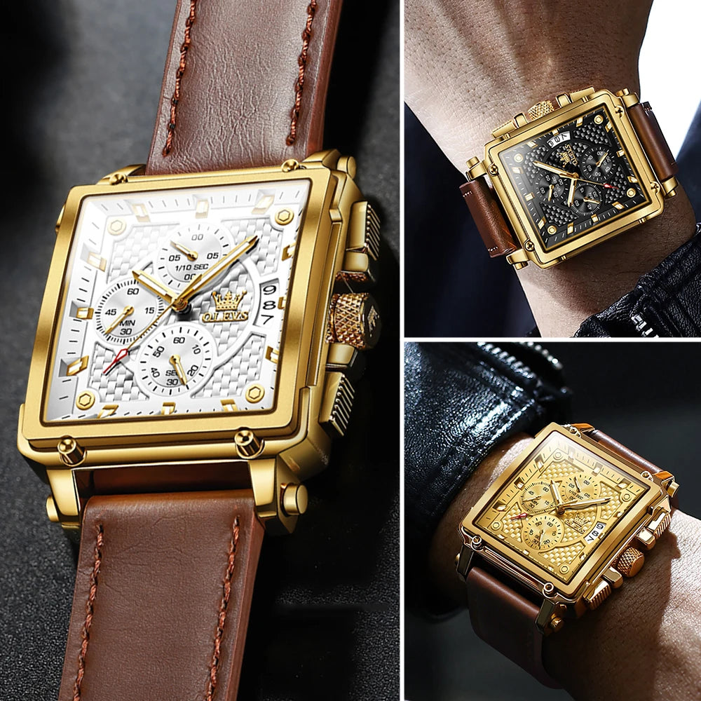 OLEVS Men Quartz Chronograph Watch Waterproof Leather Band Rectangle Case