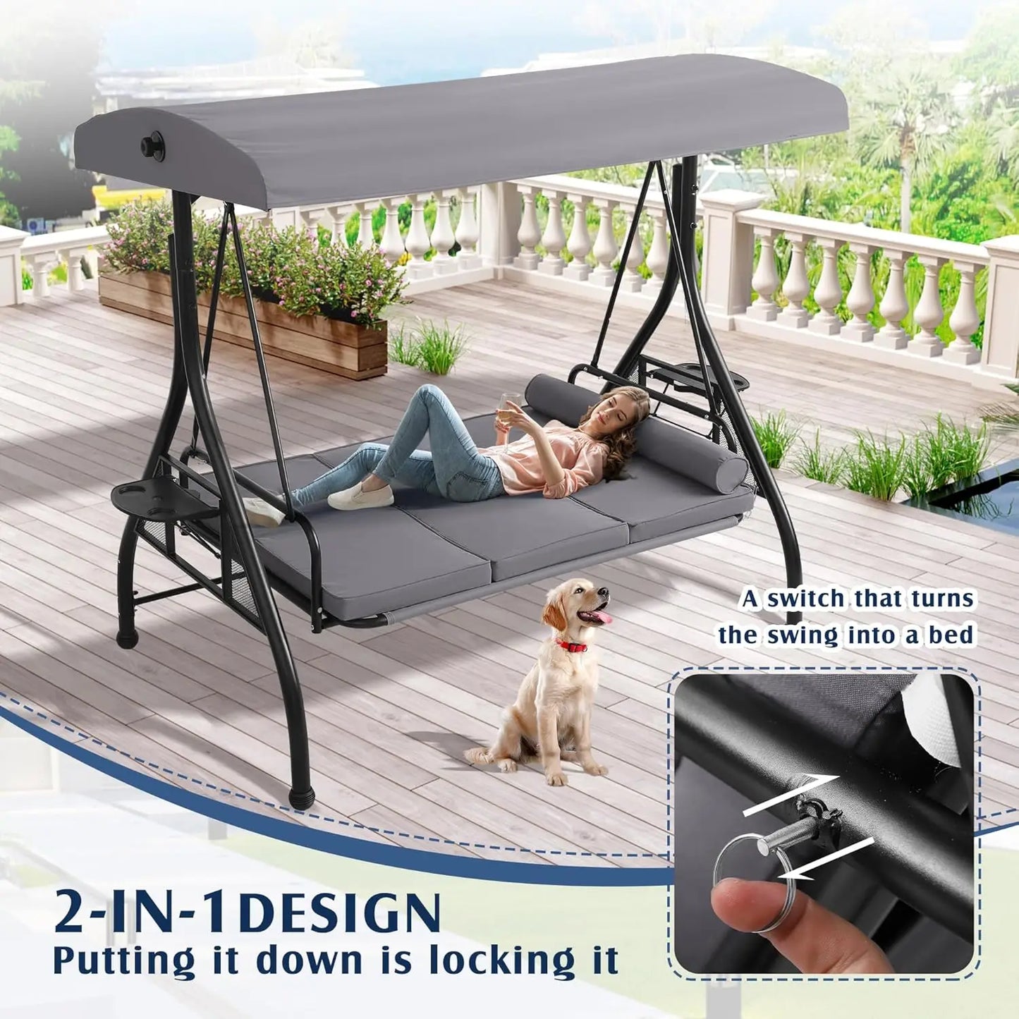 Outdoor Porch Swing With Canopy And Stand 3 Person Patio Convertible 2 In 1 Bed