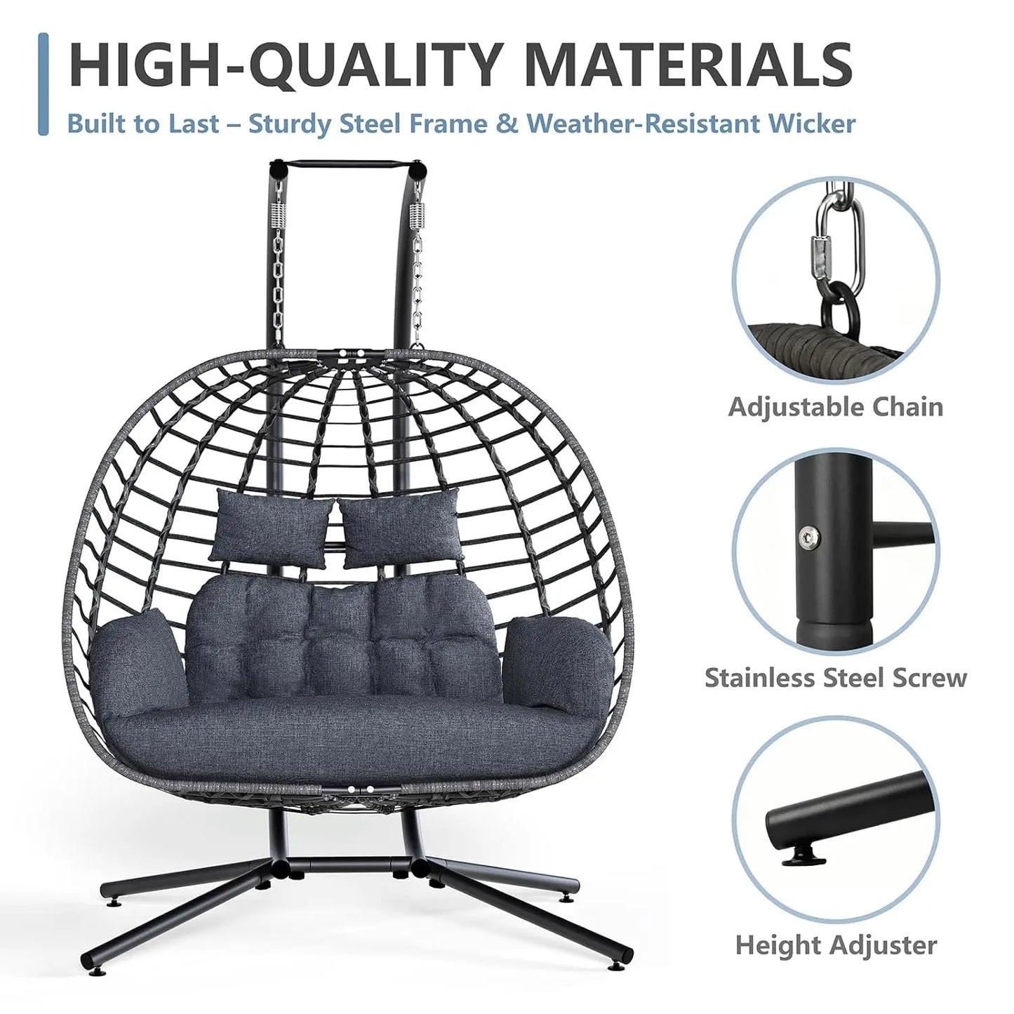 Double Egg Swing Chair With Stand Cushioned Outdoor Patio 2 Person Hammock