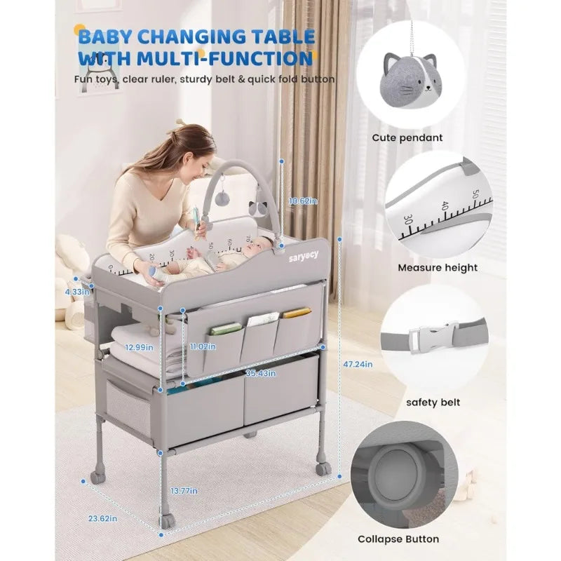 Baby Changing Table Versatile Folding Changing Table Waterproof Diaper Changing Station Adjustable Height with 2 Drawers Mobile Nursery for Infants