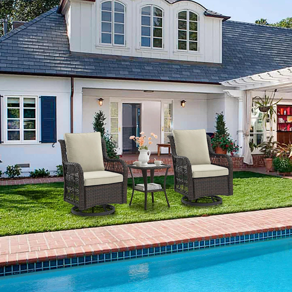 3 Piece Wicker Swivel Rocking Patio Set With Cushions Two Chairs And Glass Table