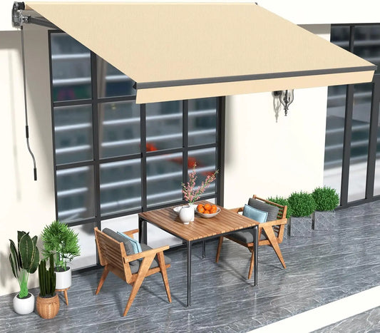 10 Foot Wide by 8 Foot High Retractable Awning for Patio Manual Awnings Sunshade Shelter Crank Handle UV and Waterproof Polyester Cover