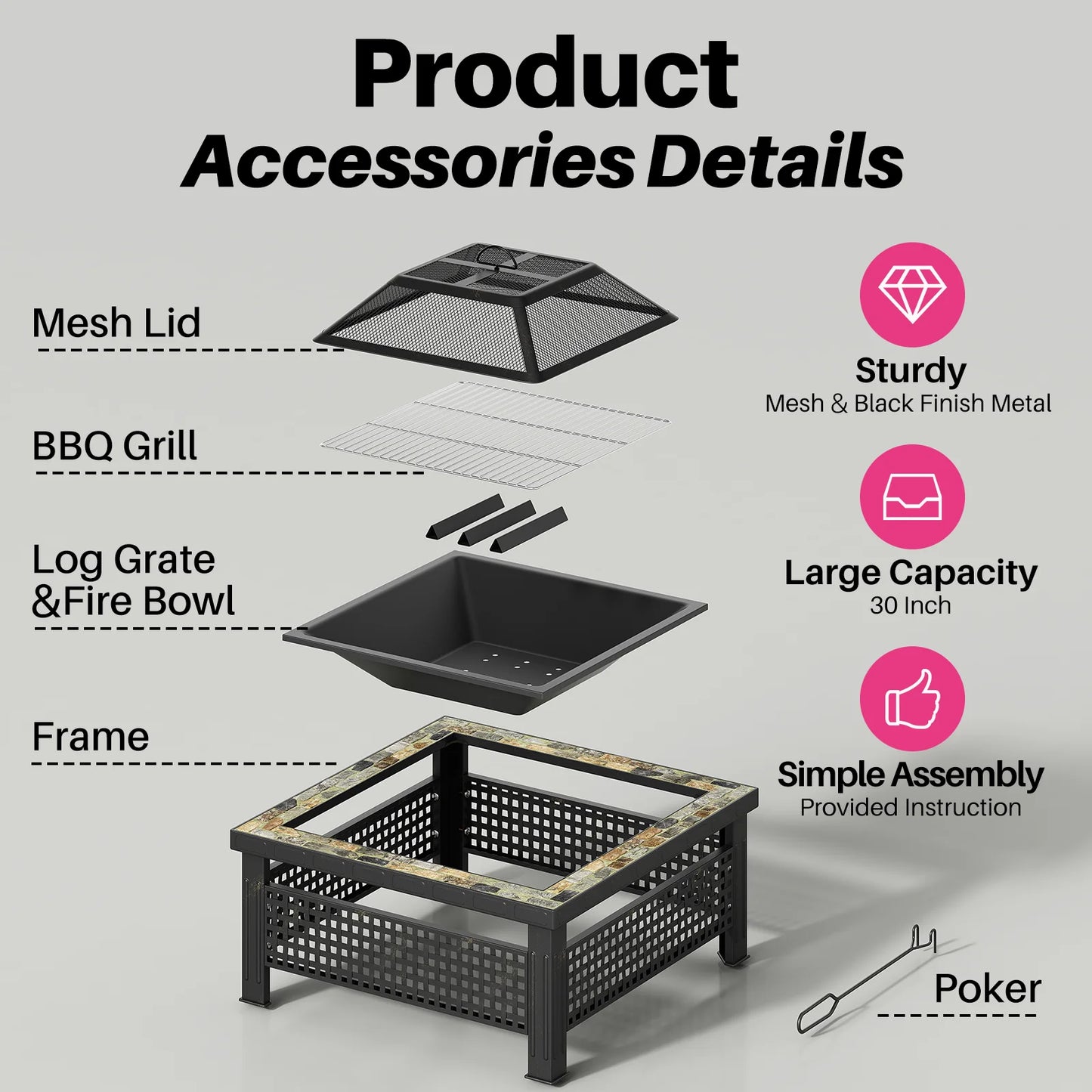 30 Inch Square Outdoor Fire Pit Table with Mesh Lid and Fire Poker 3 in 1 Multipurpose Fire Pit for Yard Garden and Patio