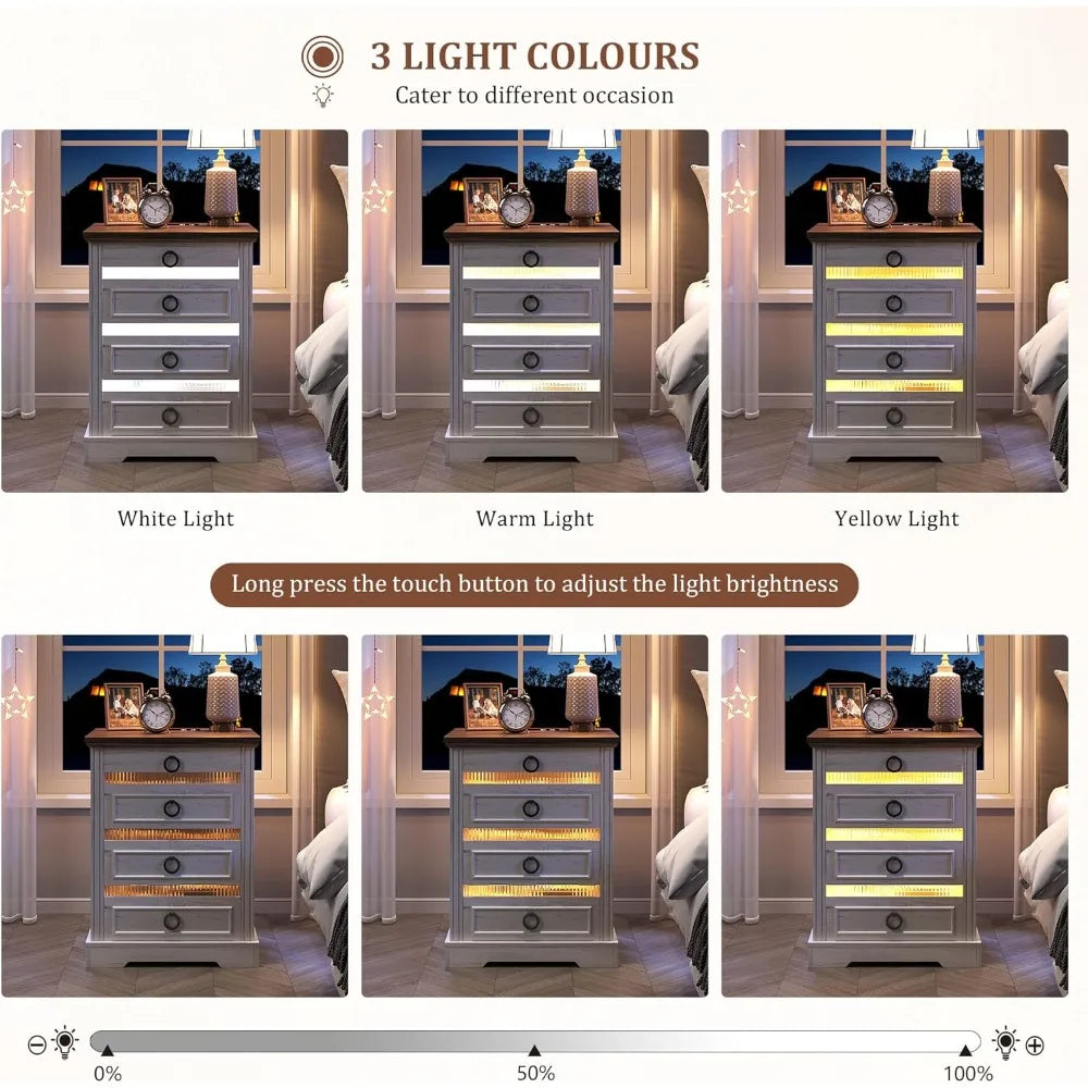 Farmhouse Night Stand with Gun Drawer Bedside Table with Charger Station LED Nightstand with Human Sensor Light Smart End Table