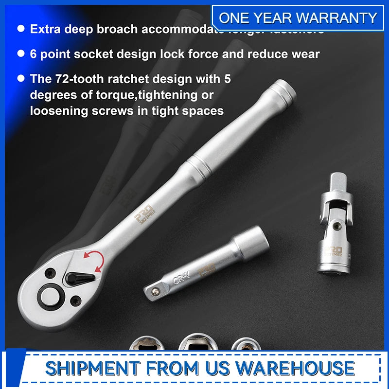 Drive Socket Wrench Set 46-Piece 3/8'' Ratcheting Wrench Set with 72 Tooth Ratchet Universal for Home By Prostormer