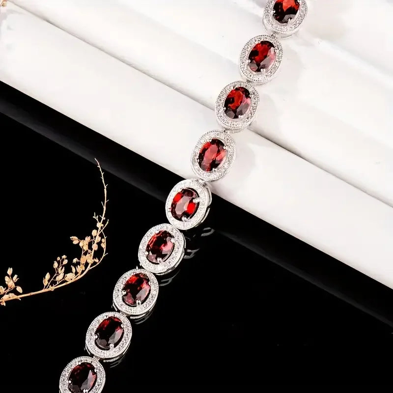 S925 Sterling Silver Garnet Bracelet Natural Red Stone Minimalist Gift For Her