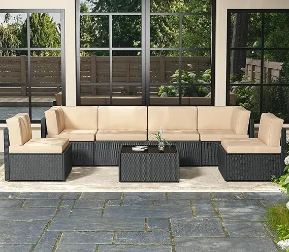 7 Piece Outdoor Patio Furniture Set L Shape Sectional Conversation Set with Coffee Table