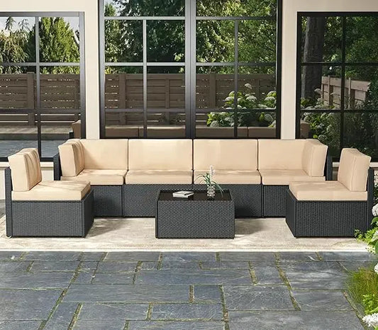 7 Piece Outdoor Patio Furniture Set L Shape Sectional Conversation Set with Coffee Table for Garden and Deck