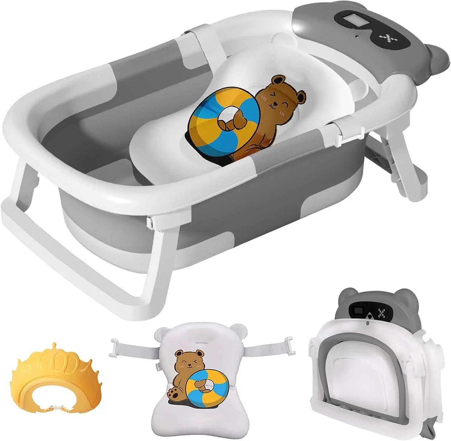 Baby Bathtub with Real Time Temperature Display Non Slip Foldable Tub and Cushion Support for Shower