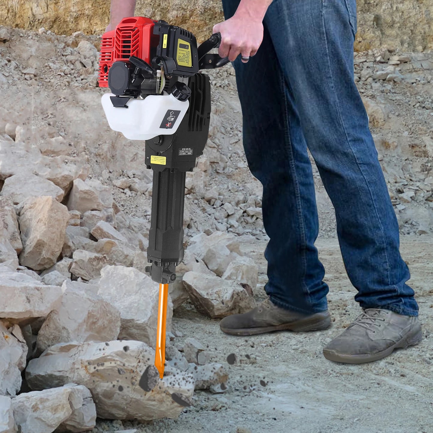 Demolition Jack Hammer 1900W, 52CC Gas Powered Breaker With 1500bpm Impact Frequency, 20-55J Impact Energy for Concrete Rock Breaking, Point & Flat Chisel