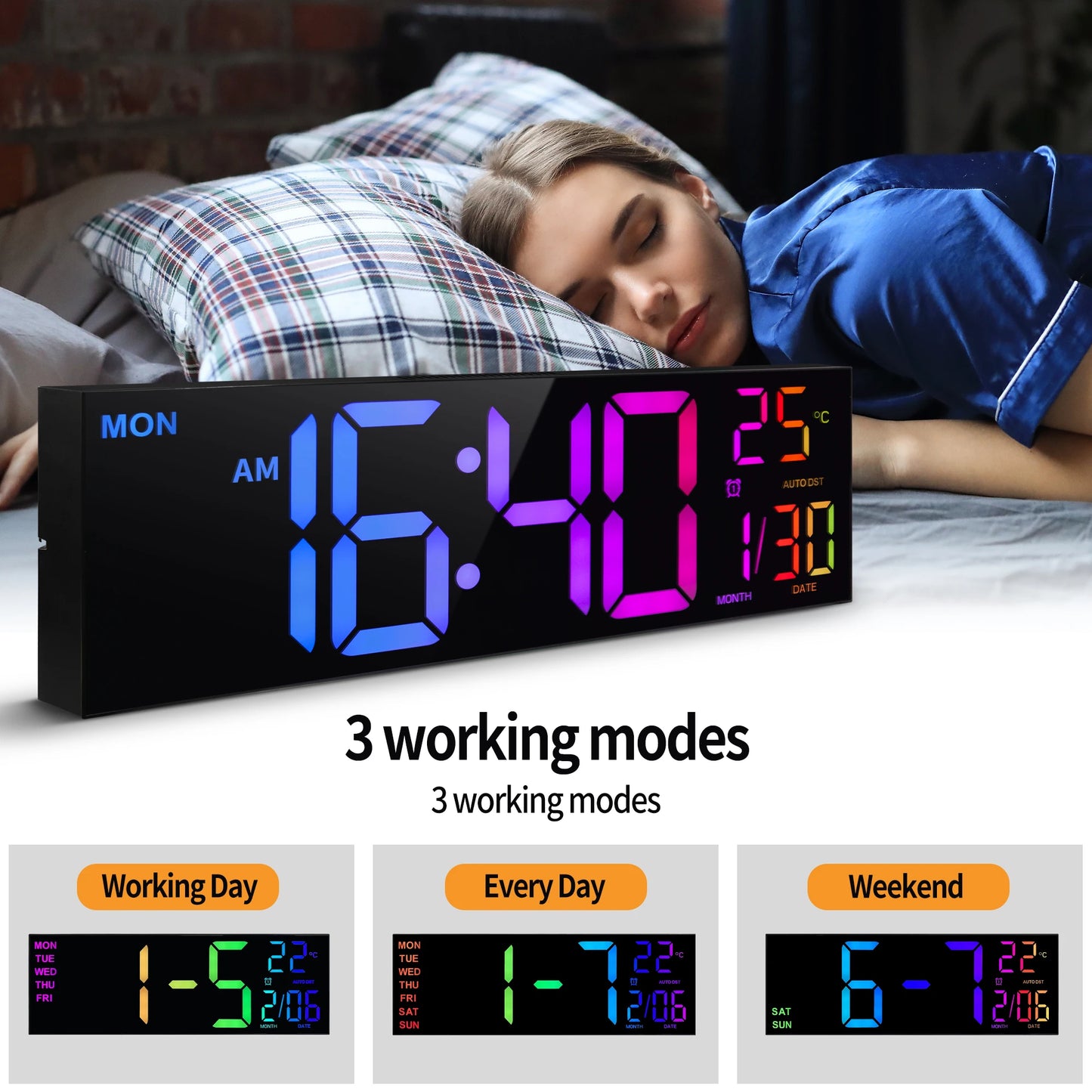 16 Inch Large Digital Wall Clock Big LED Display with Remote 8 RGB Colors Alarm DST Temperature for Living Room Office