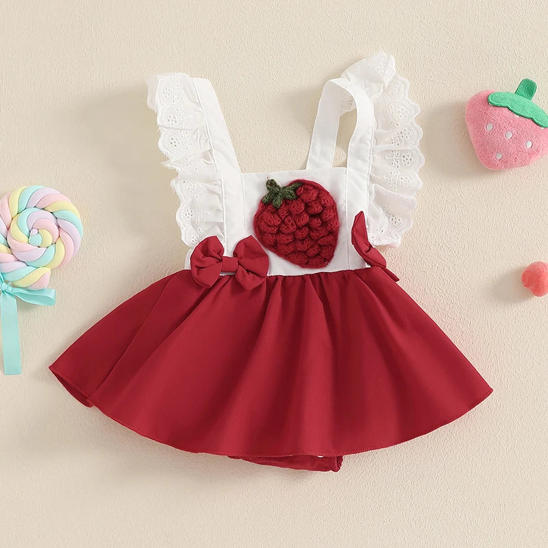 Infant Girls Rompers Dress with Cute Strawberry Embroidery Bow Lace Fly Sleeve Skirt Hem Adorable Summer Bodysuits