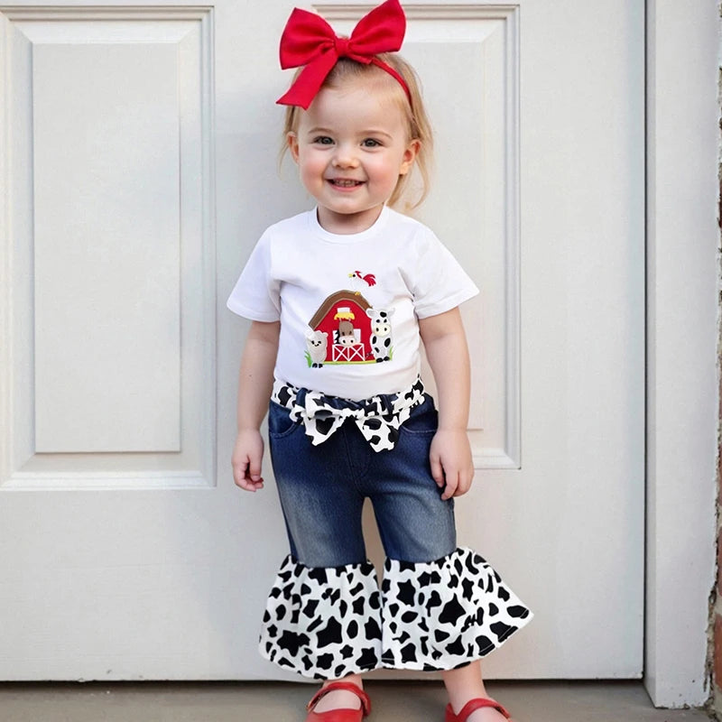 Baby Girl Farm Piglet Embroidery Denim Set With Headband