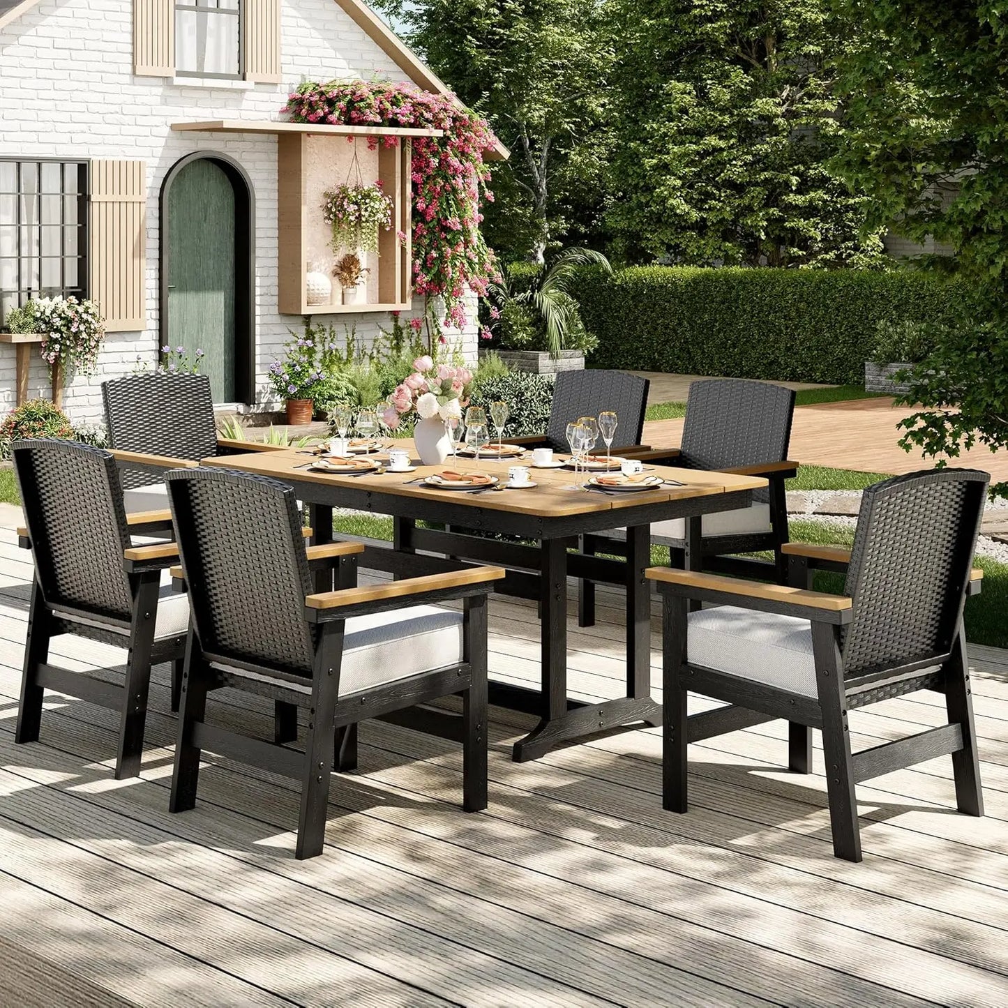7 Piece Outdoor Patio Dining Set Table And Chairs HDPE Rattan Wicker