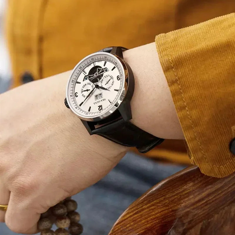 Sea Gull Men Automatic Watch Flywheel Mechanical Calendar Week Month Waterproof