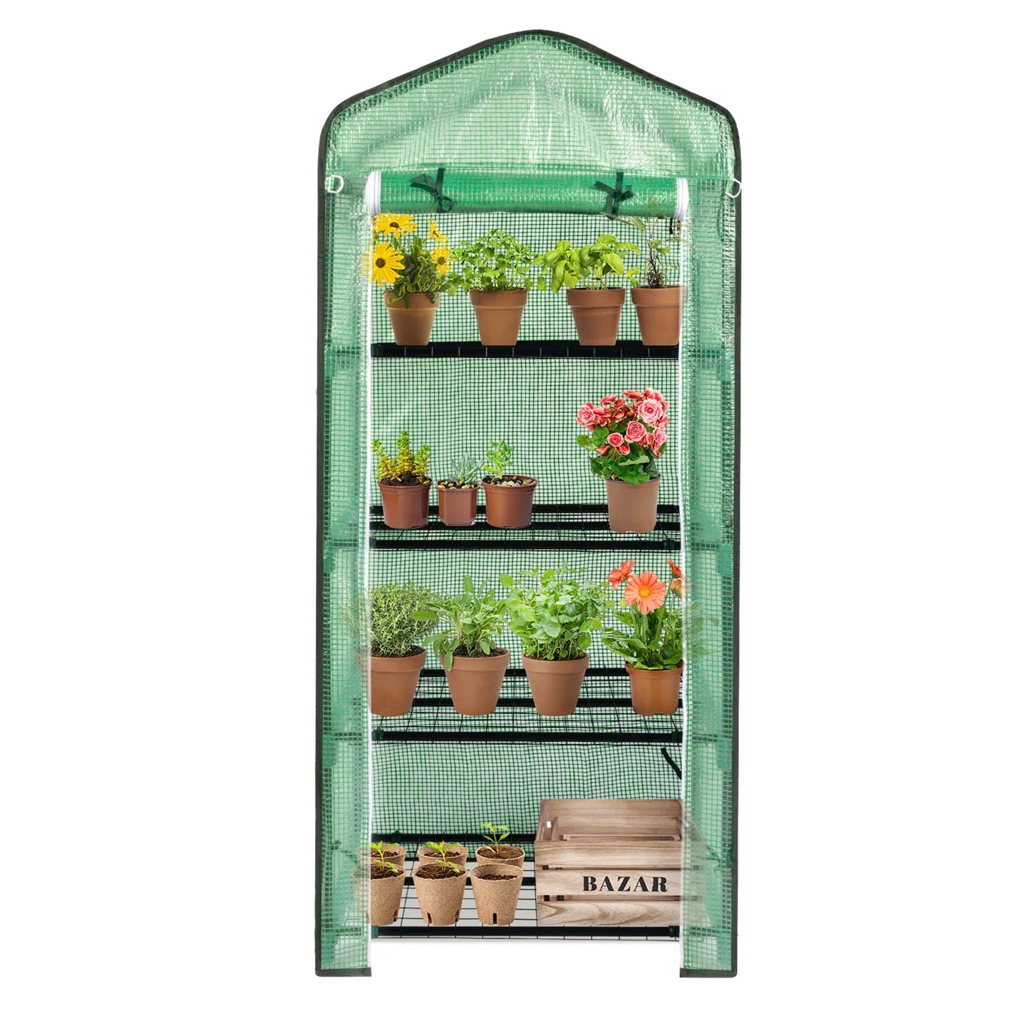 Black Iron Pipe Pointed Mini Flower Stand 69x49x160cm With 4 Layers Of Grid Zipper Rolling Door PE Cloth Greenhouse