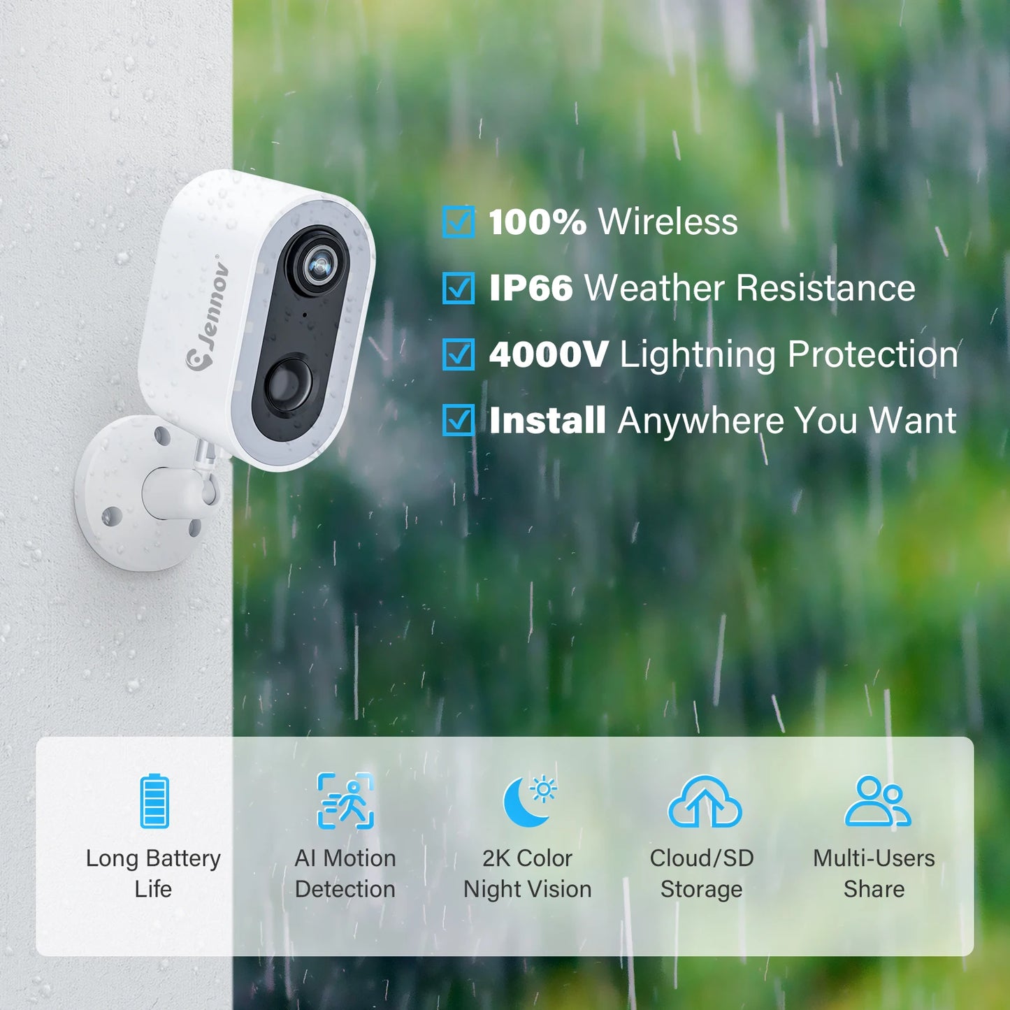 Jennov 5MP Wireless Security Camera Battery Powered with Color Night Vision and Two Way Talk for Outdoor Home Use