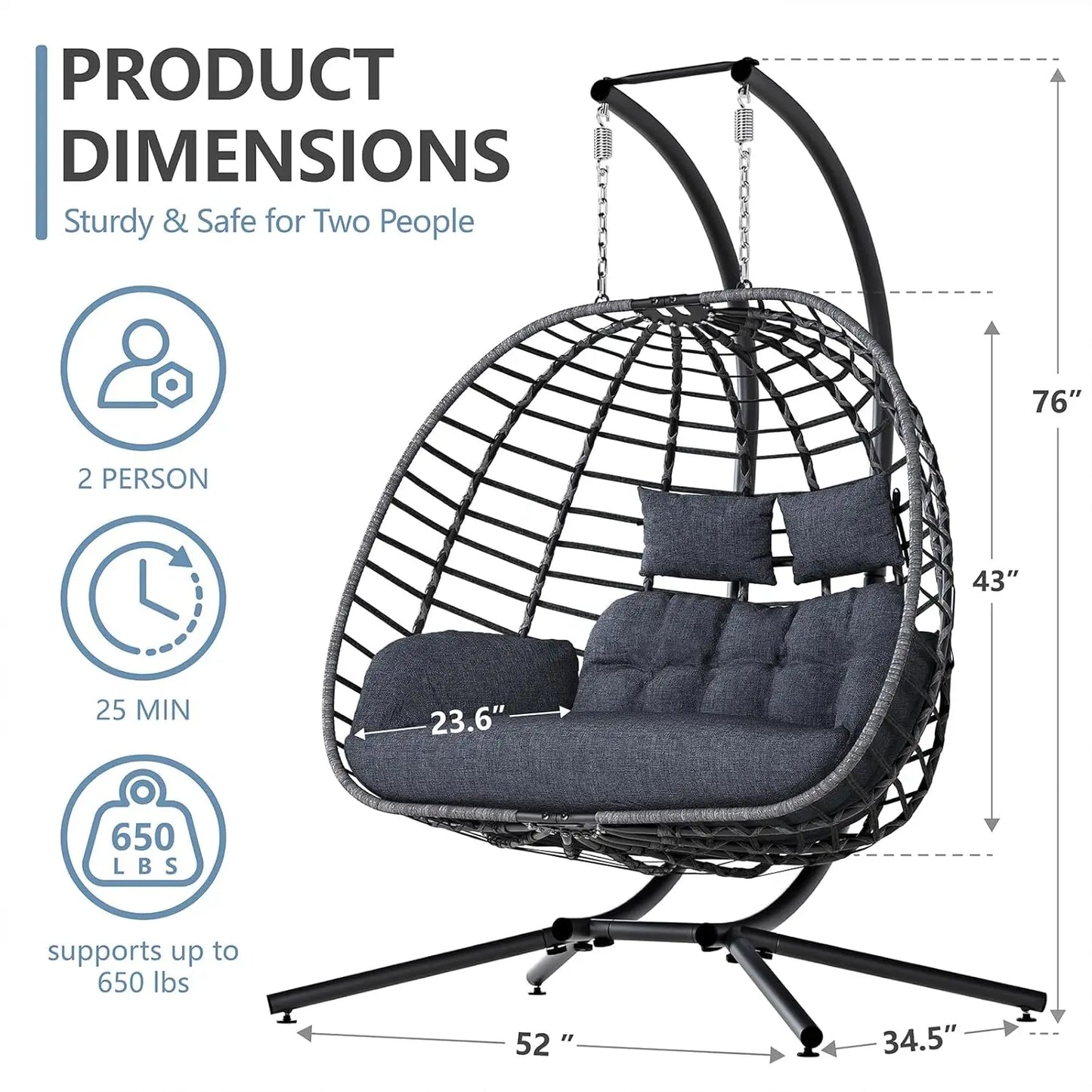 Double Egg Swing Chair With Stand Cushioned Outdoor Patio 2 Person Hammock