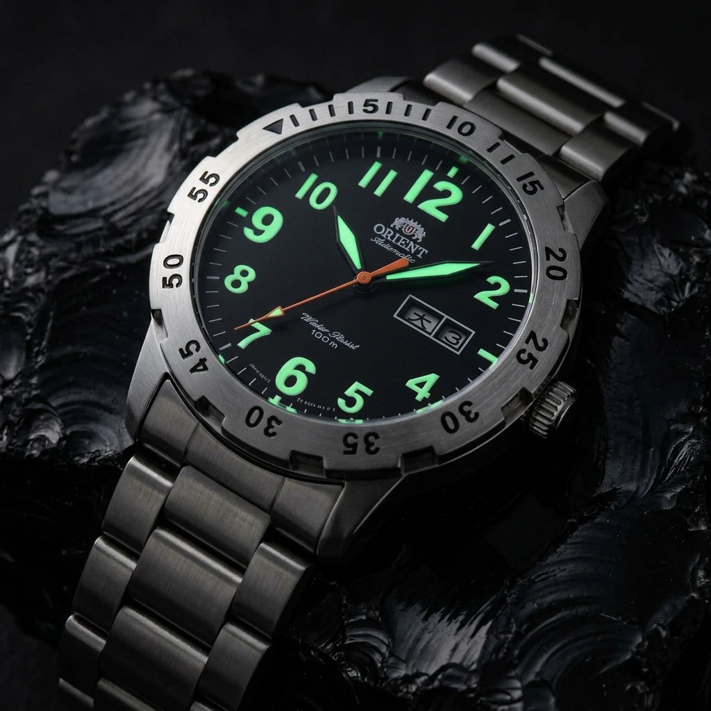 Orient Japanese Automatic Wristwatch for Men, 100M Water Resistant Dual Day Date Luminous Stainless Steel Sports Watch