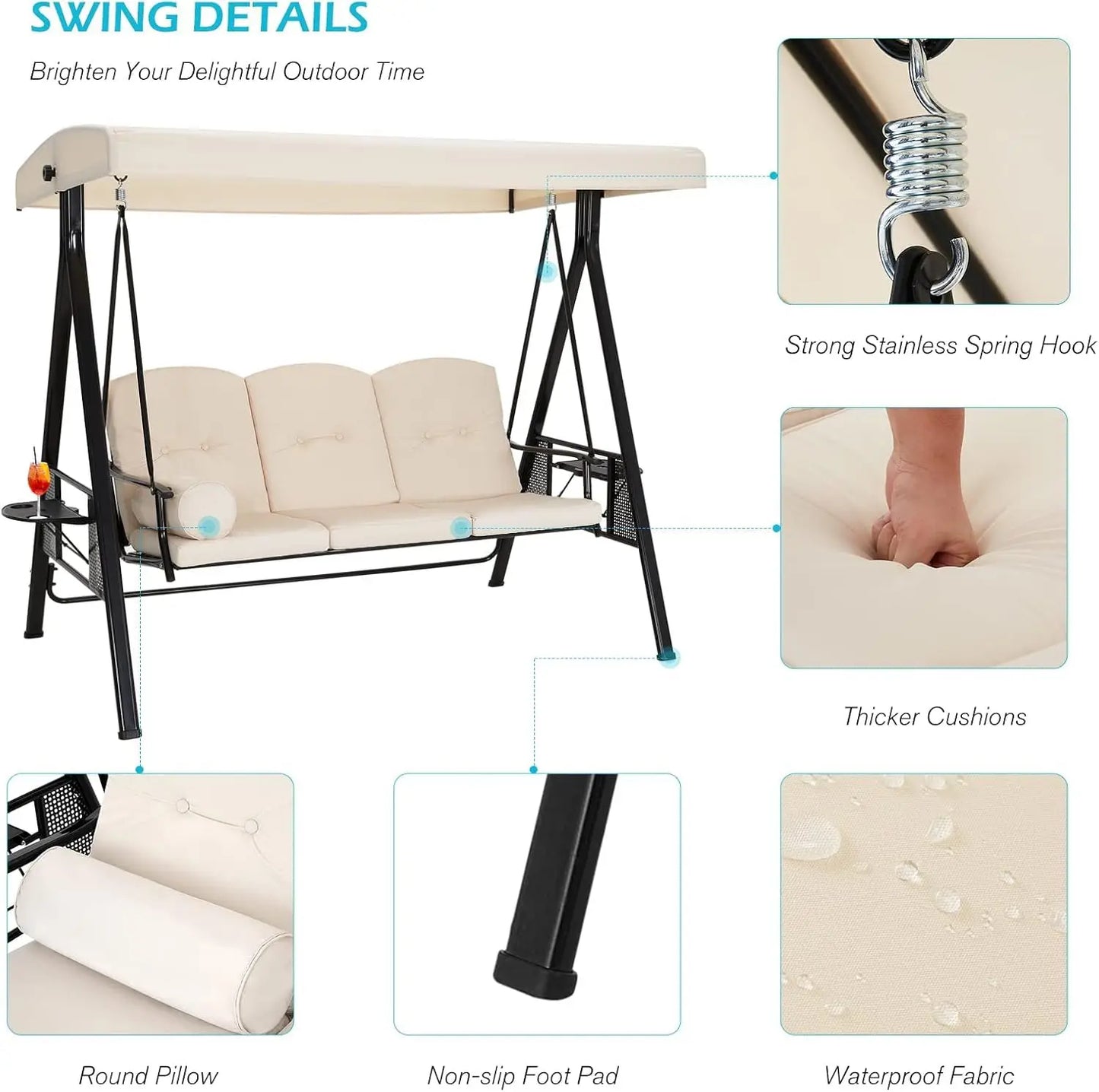 3 Seat Outdoor Porch Swing With Adjustable Canopy Beige Customizable Removable