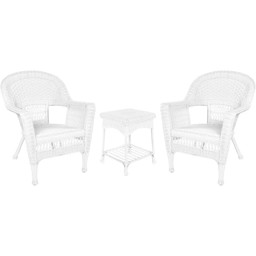 3 Piece White Wicker Chair and End Table Set Without Cushion
