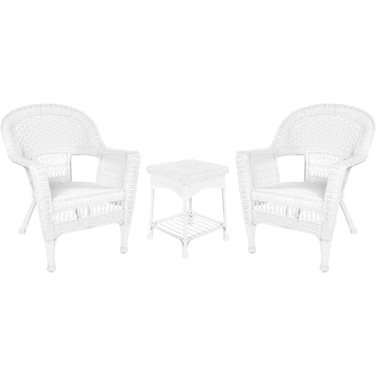 3 Piece White Wicker Chair and End Table Set Without Cushion