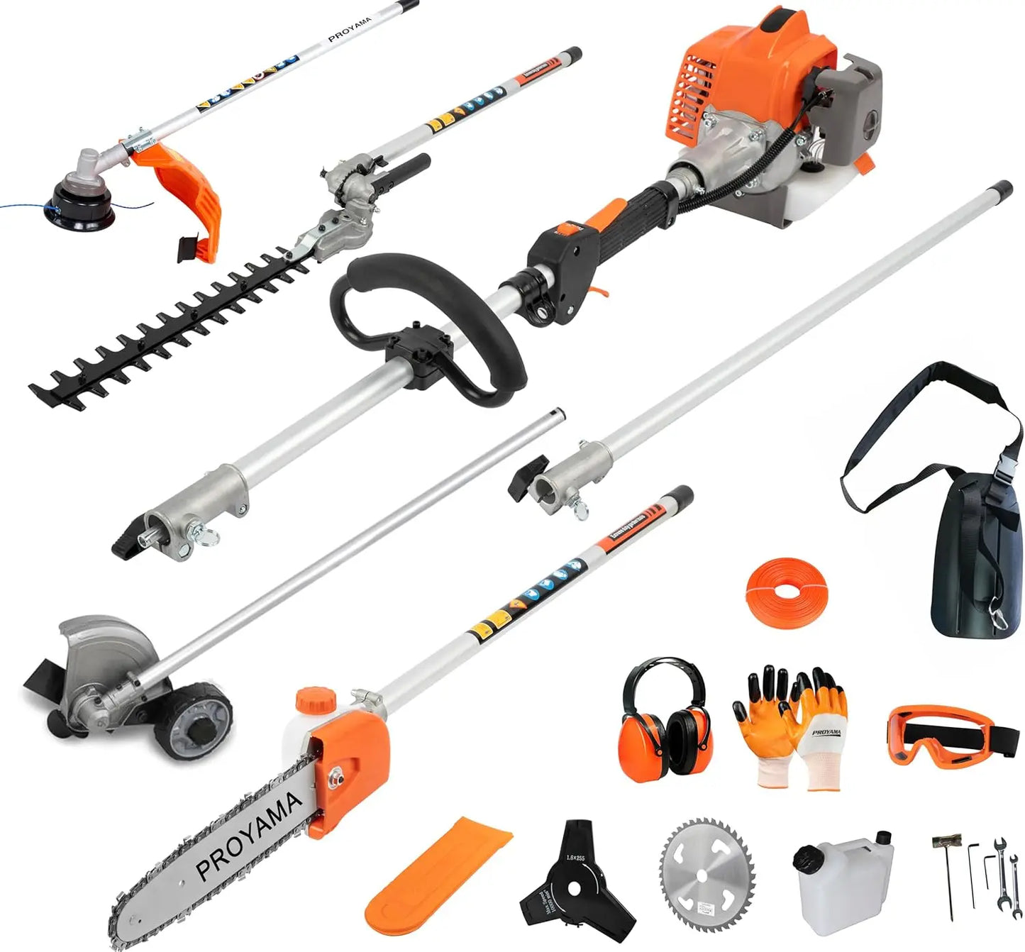 26cc 6 in 1 Gas Powered Multi Functional Trimming Tools Hedge Trimmer Weed Eater String Trimmer Brush Cutter Edger Pole Saw Chainsaw Pruner