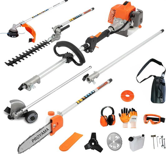 26cc 6 in 1 Gas Powered Multi Functional Trimming Tools Hedge Trimmer Weed Eater String Trimmer Brush Cutter Edger Pole Saw Chainsaw Pruner