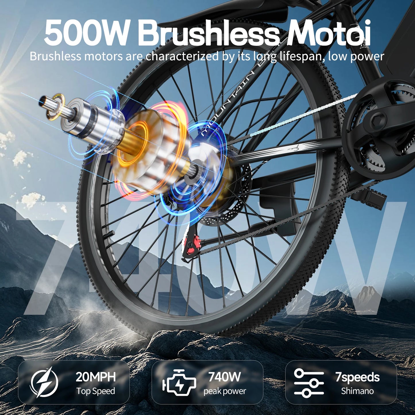 26''Electric Bike,Motorcycle 700W Peak Motor,20MPH 35Miles Electric Mountain Bike, 480Wh Removable Battery, 7-Speed& LCD Display