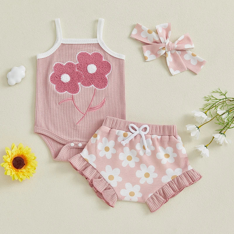 Baby Girl Floral Embroidered Sleeveless Ruffle Set