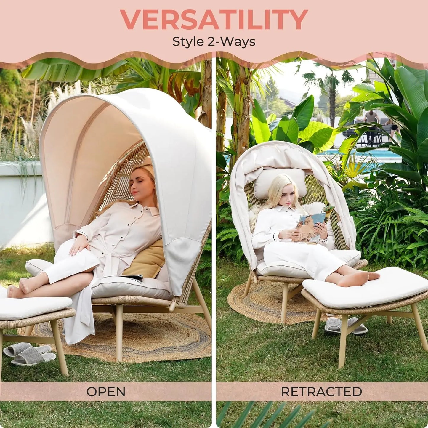 Wicker Folding Egg Chair with Ottoman Boho Oversize Lounge Chair Beige Open Weave Wicker Sun Shade for Patio