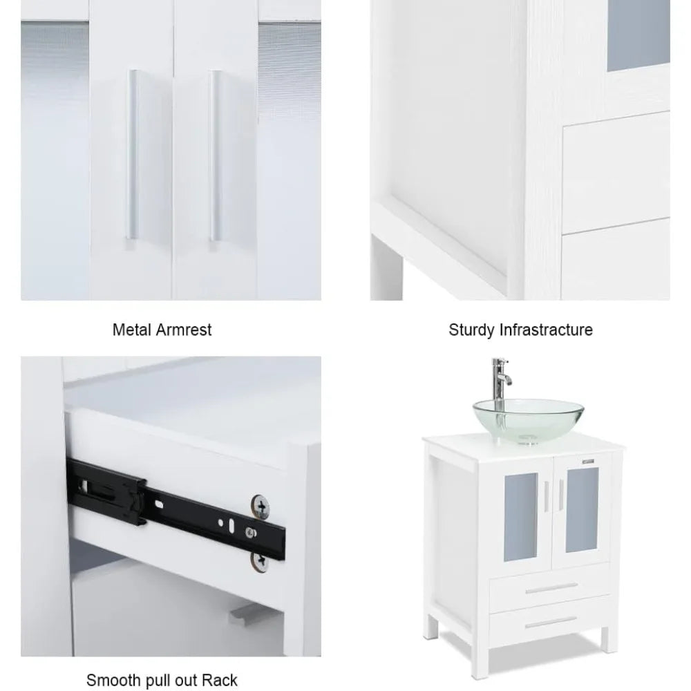 Modern Bathroom Vanity Sink Combo with Small Side Cabinets Clear Round Glass Vessel Sink Water Saving Faucet and Pop Up Drain