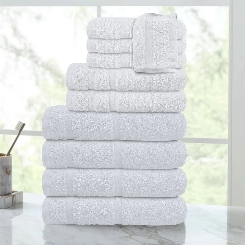 10 Piece Cotton Towel Set Quick Dry Soft Absorbent Bath Towels Hand Towels Washcloths Fade Resistant Durable Textured Border