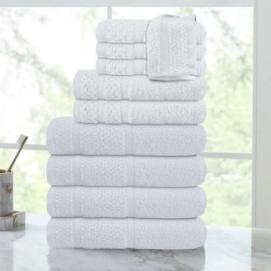 10 Piece Cotton Towel Set Quick Dry Soft Absorbent Bath Towels Hand Towels Washcloths Fade Resistant Durable Textured Border
