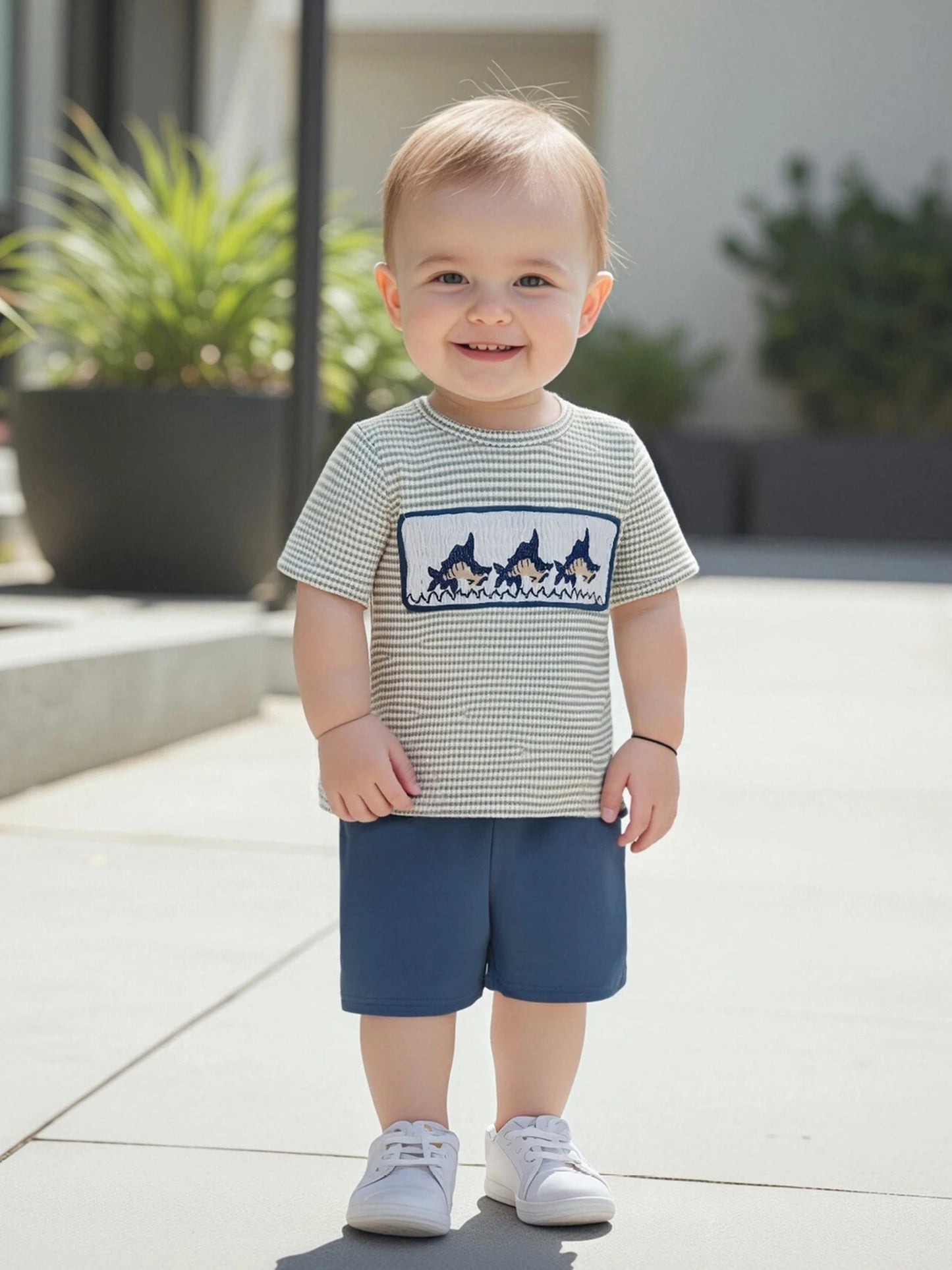 Toddler Boys Summer Fish Embroidered Tee And Shorts Set