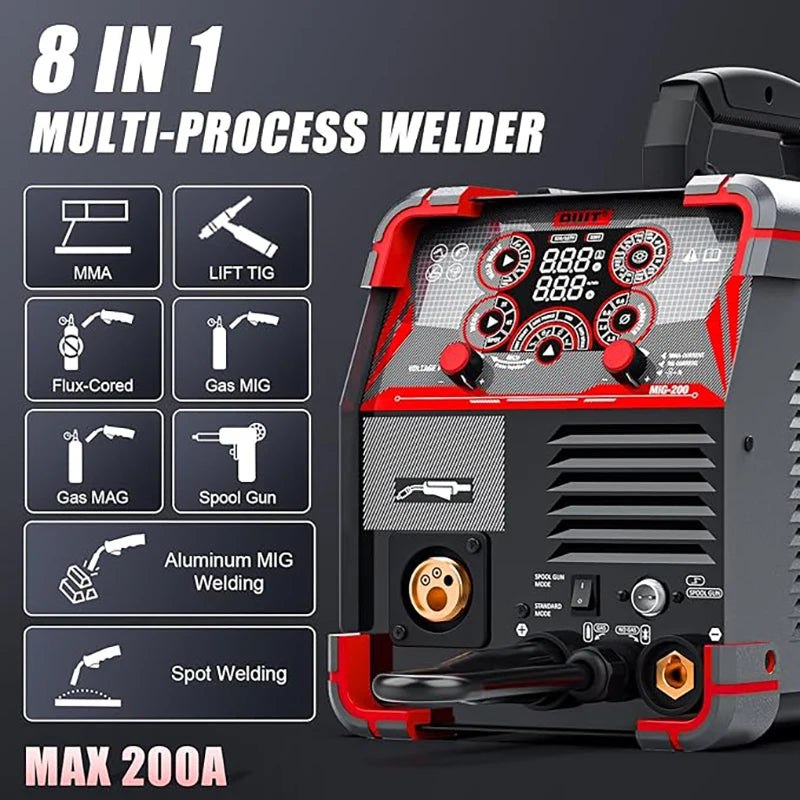 200A Welding Machine 8 in 1 Semi Automatic Welder Aluminum MIG MAG MMA LIFT TIG IGBT Inverter Welding Tool
