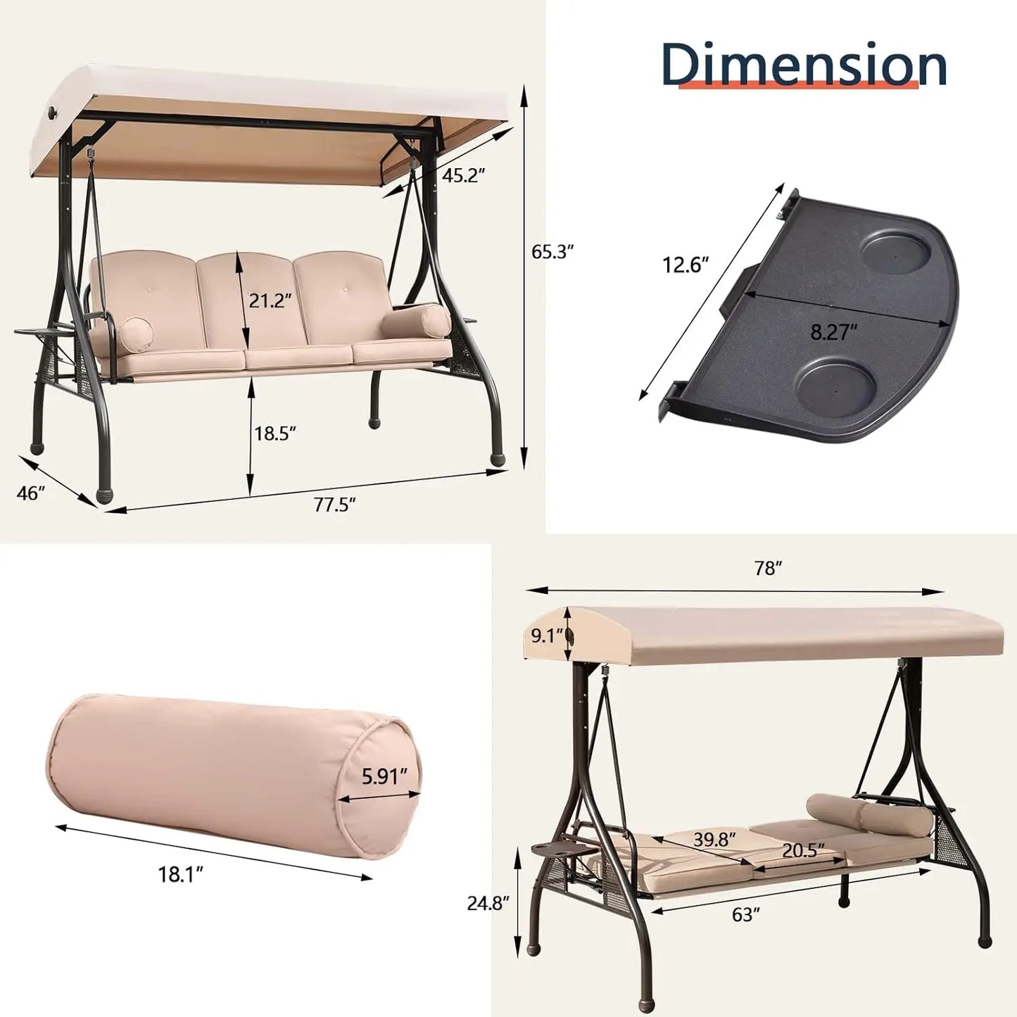 Three Seat Outdoor Porch Swing With Adjustable Canopy And Foldable Side Cushions