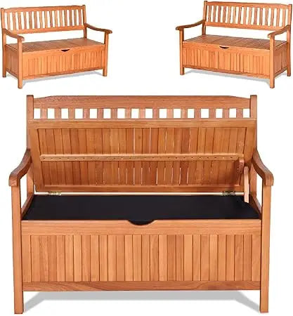 Safstar Outdoor Patio Bench With Storage Box Eucalyptus Wood Frame Natural Finish