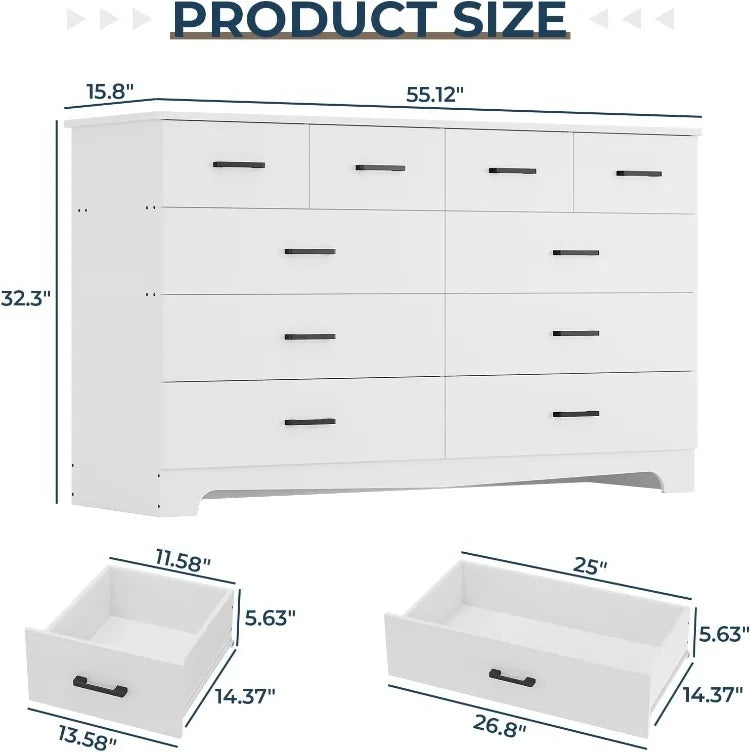 White Dresser for Bedroom with 10 Drawers Large Chest of Drawers Storage Organizer Long Dresser TV Stand with Power Outlets Wide Dressers for Bedroom Living Room 55.1 Inches W x 32.3 Inches H