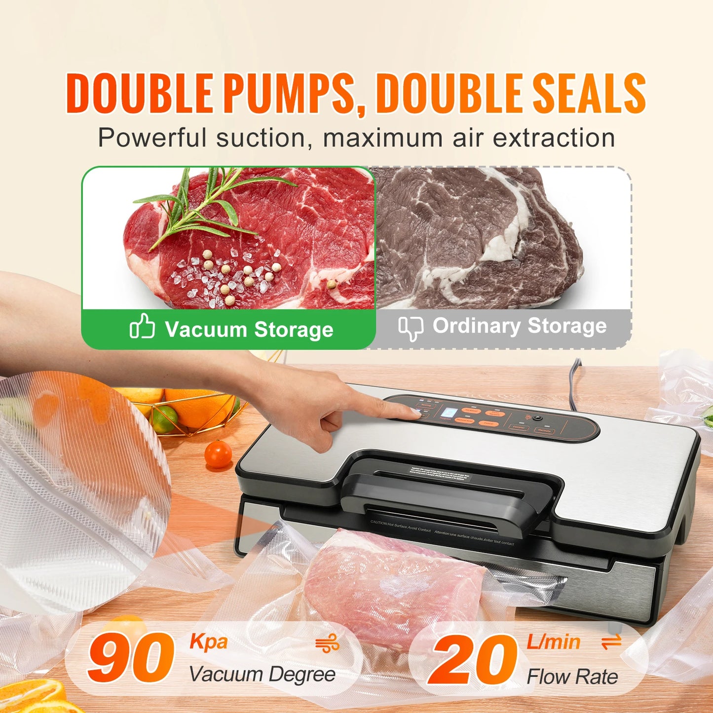 SucceBuy 90Kpa 130W Vacuum Sealer For Food Packaging With Free 10 Vacuum Bags For Household Kitchen