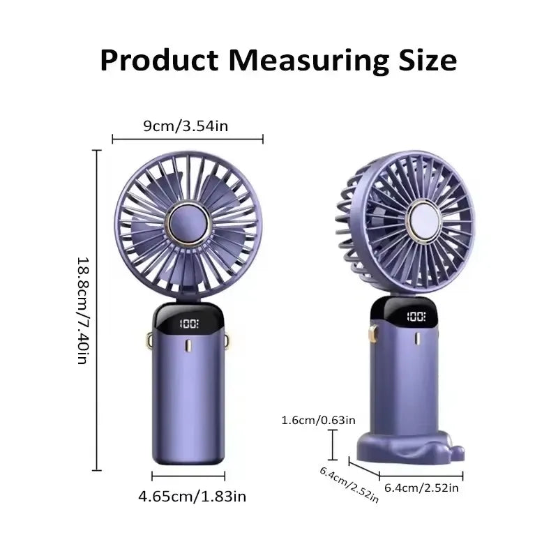 1800mAh Handheld Mini Fan Foldable Portable Neck Hanging Fans 5 Speed USB Rechargeable Fan with Phone Stand and Display Screen